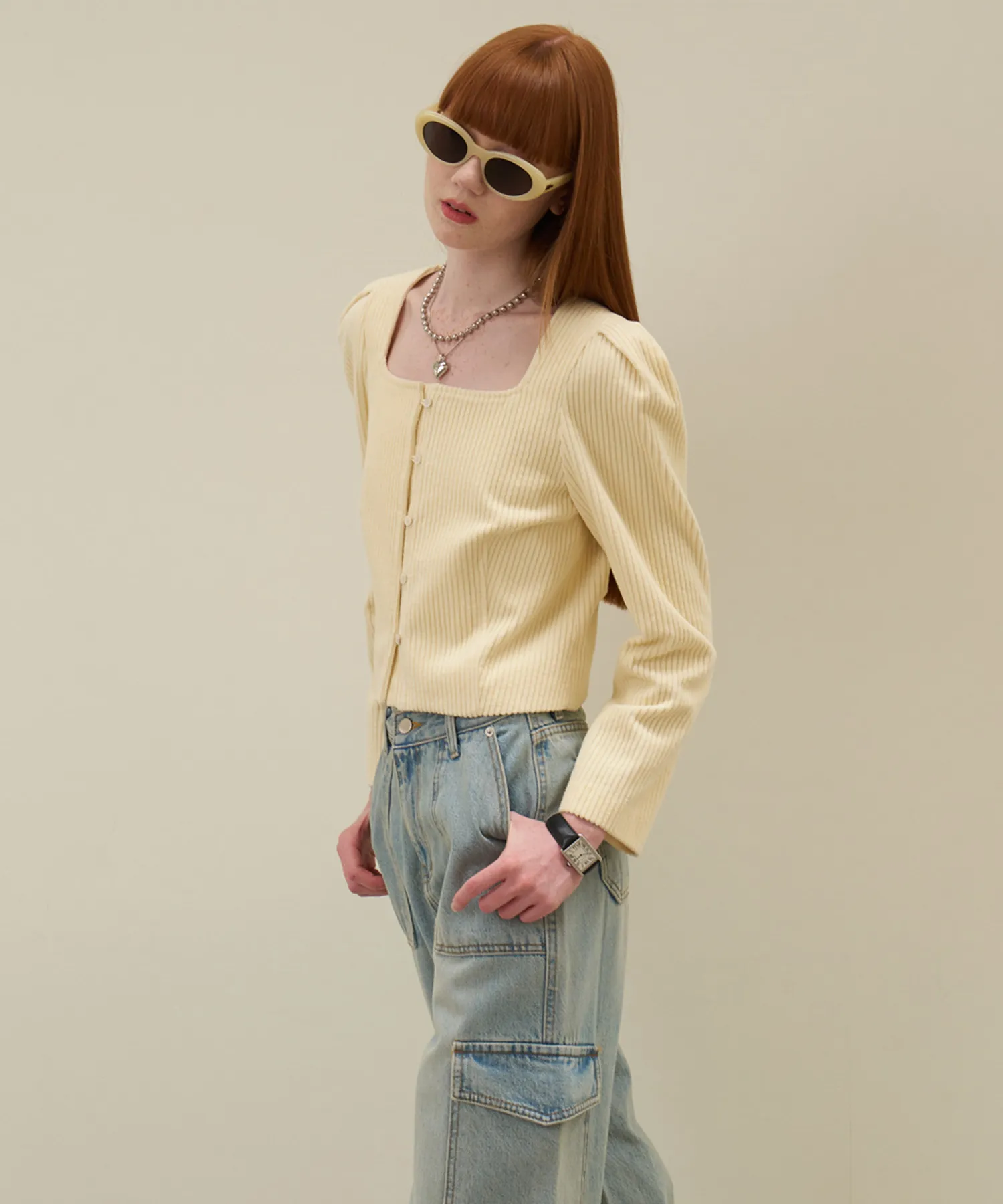 23 Fall_ Yellow Corduroy Bustier Blouse