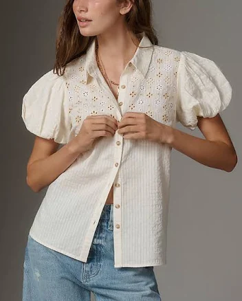 Eyelet Puff-Sleeve Blouse by Pilcro in Ivory, Size: Small at Anthropologie
