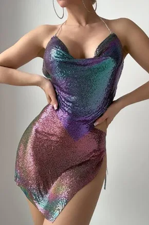 Hot Miami Styles Mermaid Metallic Chainmail Slit Mini Skirt