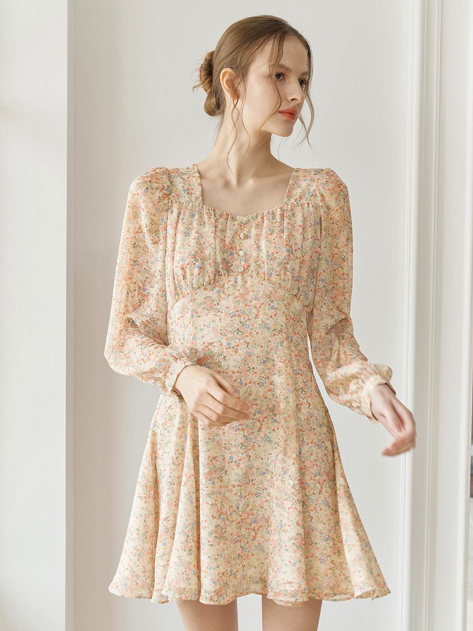 Heart Neck Shirring Flare Mini Dress