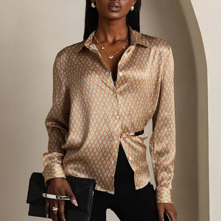 SilkSilky Women's Silk Printed Button Up Shirt