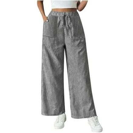 Women's Wide Leg Striped Pants with Drawstring