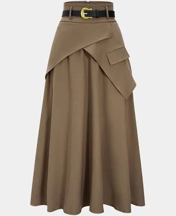 Micas Women's Elegant Belted Asymmetrical Ruched High Waist Maxi Skirt