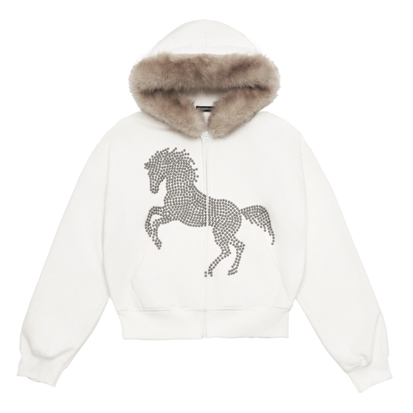STUDDED FAUX FUR HOODIE IN WHITE