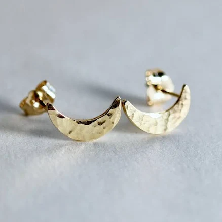 14k Solid Gold Crescent Moon Stud Earrings