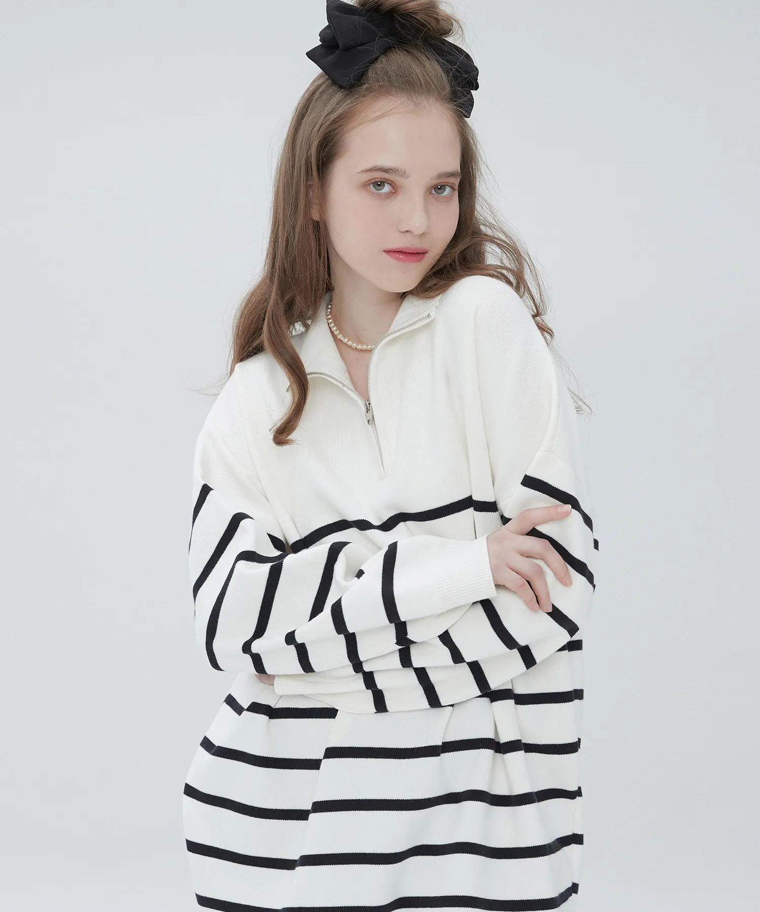 Stripe Overfit Zip Up Knit 004 Ivory