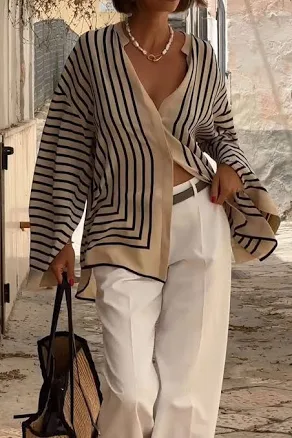 Stripe Print Long-Sleeve Satin Shirt
