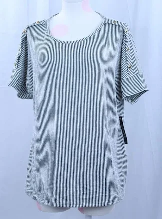 Ava James Shirt Top Blouse White Green Striped Gold Buttons Casual