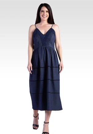 Women's Lace Trim Tencel Smocked Waist Midi Dress