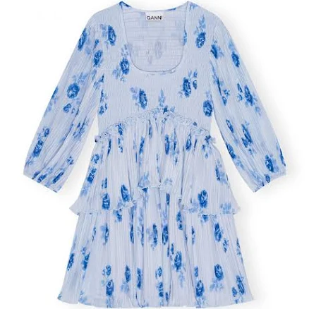 Ganni Pleated Georgette Flounce Smock Mini Dress