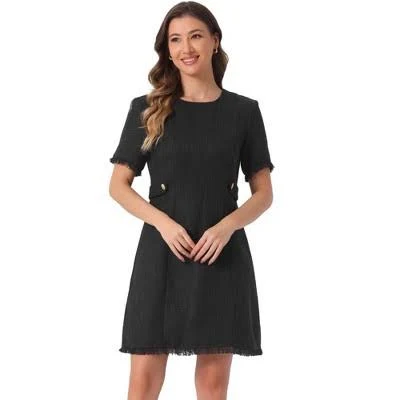 Elegant A-Line Tweed Midi Dress with Round Neck and Short Sleeves