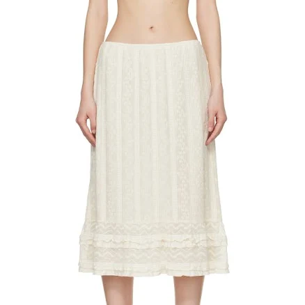 Anna Sui Off-White Floral Ruffle Stretch Lace Midi Skirt