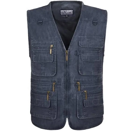 Men Multi Pocket Utility Waistcoat Vest Denim Outdoor Gilet Jacket