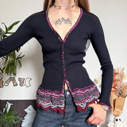 Marithe Francois Girbaud Slim Ribbed Buttoned Vintage Cardigan
