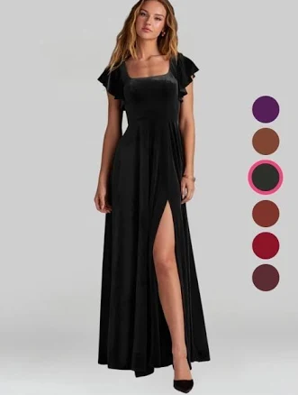 Azazie A-Line Square Neck Floor-Length Velvet Bridesmaid Dresses