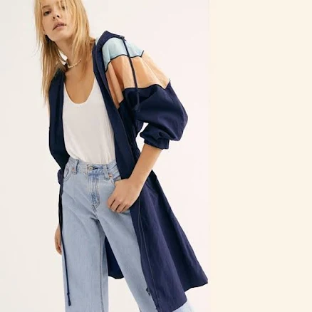 Free People NWT Maxi Colorblock Windbreaker Long Hooded Jacket Small S