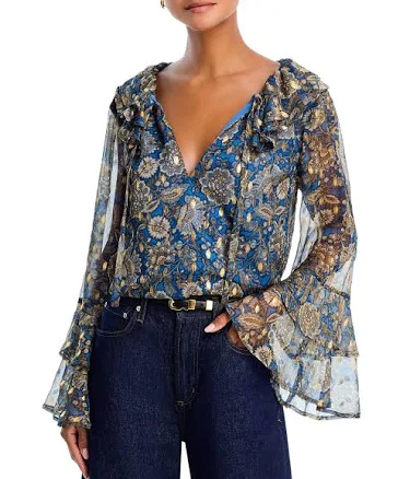 AQUA Women's Block Floral Metallic Dot Ruffle Tie Front Blouse