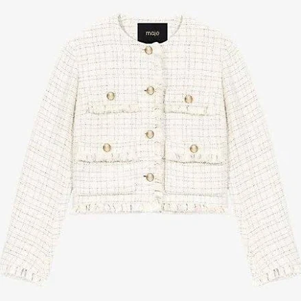 Maje Women's Frayed-Trim Cropped Tweed Jacket - White - Casual jackets