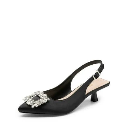 DREAM PAIRS Women's Pointed Toe Slingback Kitten Heels With Rhinestone Buckle