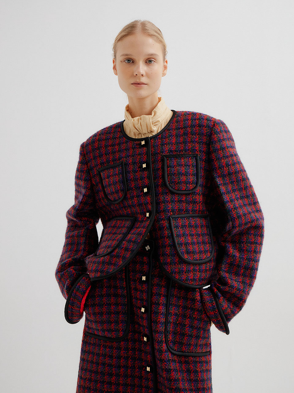 TWICE Check Paneled Short Jacket (Red Multi)