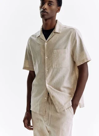 Men H&M Regular Fit Short-sleeved linen-blend shirt