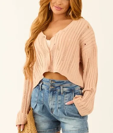 Sunrise Button Down Distressed Cropped Cardigan