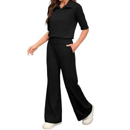 Women 2 Piece Set Airport Travel Vacation Sweatsuit Wide Leg Pants Short Sleeve Polo Tops Lounge Set, Women's, Size: XXL, Black