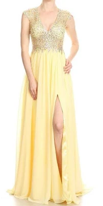 J&J Fashion USA 3038 Long Prom Dress Cut-Out Back with Slit Yellow