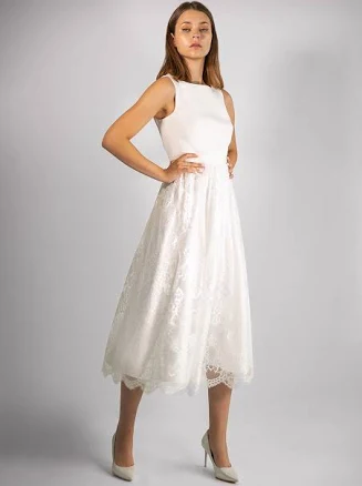 Lynn WIth Modest Satin Midi Dress with Lace Skirt