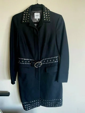 Moschino Lana Wool Belted Black Trench Coat With Metal Embellishments