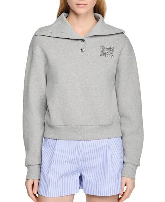Sandro Women's Grey Logo-Embroidered split-neck cotton-Blend Sweatshirt
