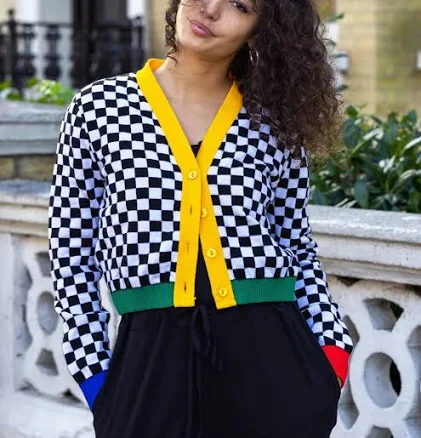 Cropped Black and White Checkerboard Cardigan by Run and Fly JM2470