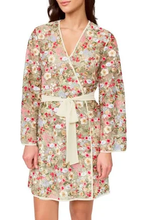 Rya Collection Women's Floral Embroidered Tie Waist Robe - Natural - Robes