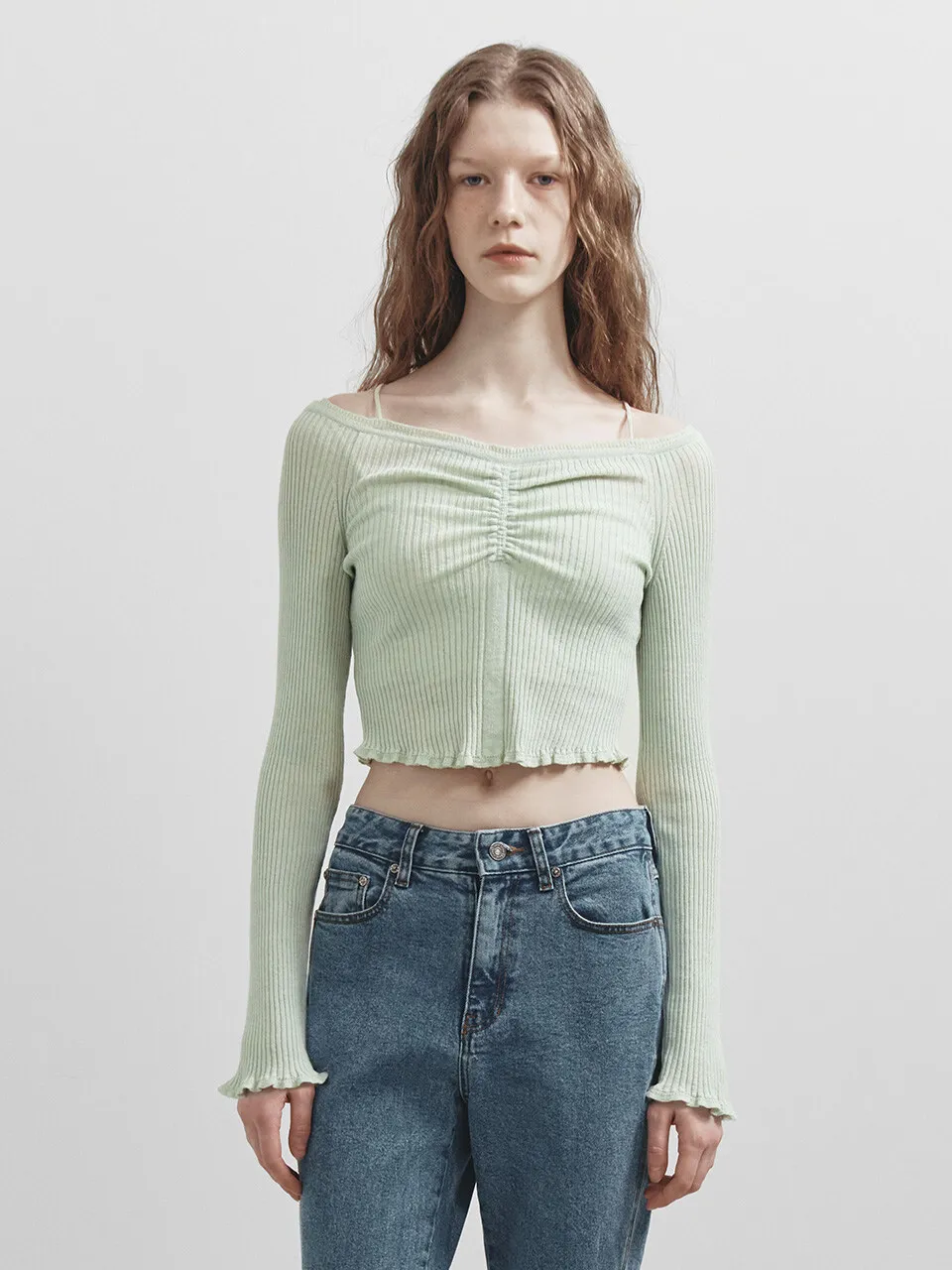 Off Shoulder String Knit in Mint VK5SP114-31
