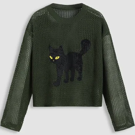 CIDER Women's Oversized Round Neck Velvet Cat Graphic Knit Top
