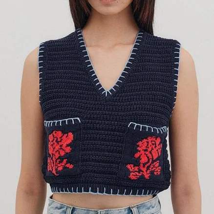 W Concept Floral Jacquard Knit Vest Sweater