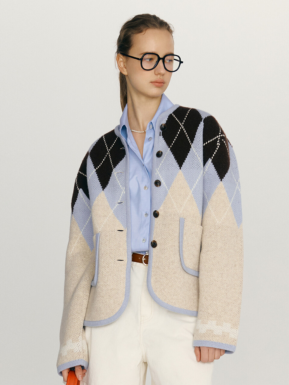 Happiness Argyle Knit Cardigan (Pastel Blue, Brown)