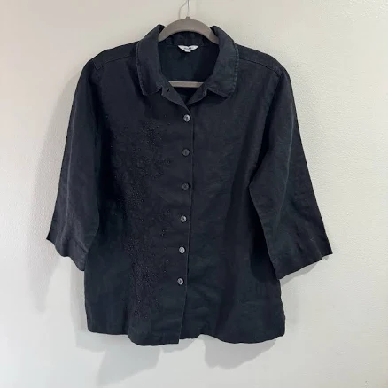 Vintage Tabi Blouse L Linen Flax Embroidered Beaded Black Button Shirt