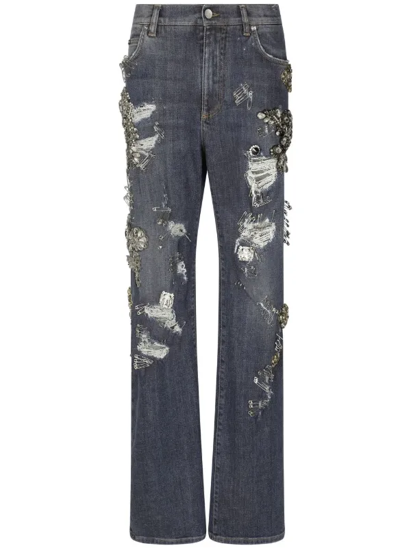 Dolce & Gabbana Grey Distressed Straight-Leg Jeans