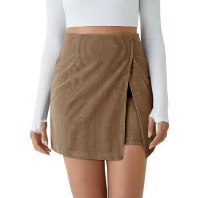 Imily Bela Womens Corduroy Mini Skirt Casual High Waisted Side Slit A-line Bodycon Work Fall Short Skirts