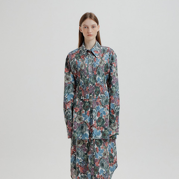 TALE Floral-Print Pintuck Layered Shirt Dress - Green/Blue/ Purple Multi