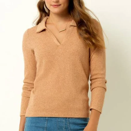 Single Stitch Women's Classic Ribbed V-Neck Sweater with Collar