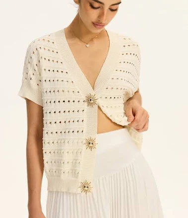 Eyelet knit metal button v-neck cardigan