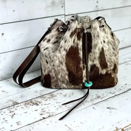 Spotted Cowhide Bucket Bag with Drawstring
