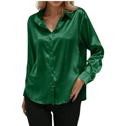 Women's Satin Silk Long Sleeve V-Neck Button Down Shirt