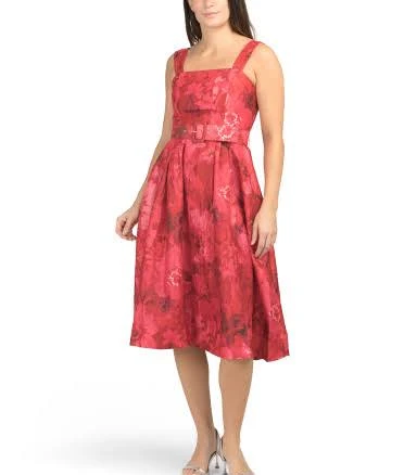 Women's Square Neck Belted Midi Dress