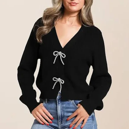 The Workshop Women's Viscose Rhinestone Bow Cropped Cardigan