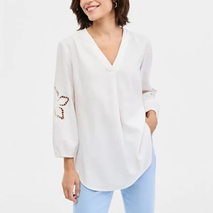Jones New York Women's Embroidered Linen-Blend Pleated Shirt