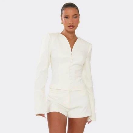 EGO Women's Long Puff Sleeve Button Up Front Tailored Blazer
