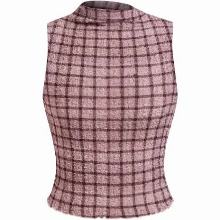 Knit Fabric High Stretch Turtleneck Checks Ruched Hem Top
